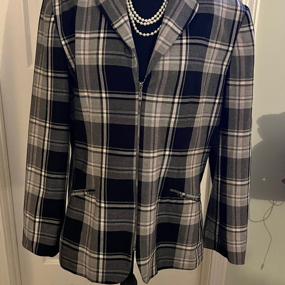Villager by Liz Claiborne Black White Purple Plaid Zip Blazer 14